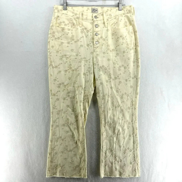 J Crew Billie Demi Boot Crop Jean Women 10 Cream Floral Embroidered Button Fly - Picture 1 of 14